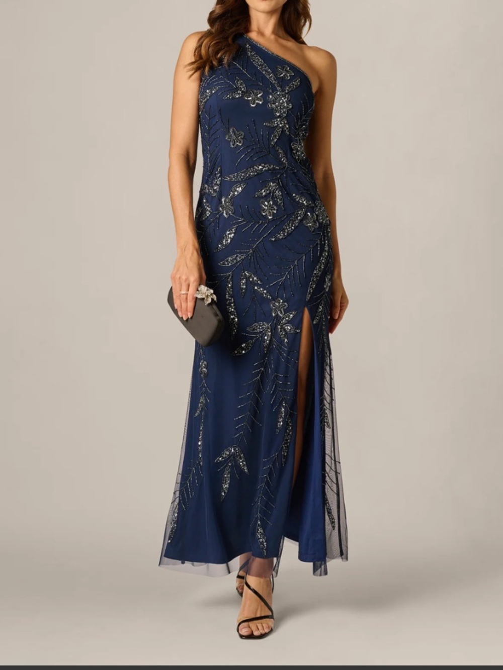 MSRP $199.00 Adrianna Papell One-Shoulder Navy Sequin Gown